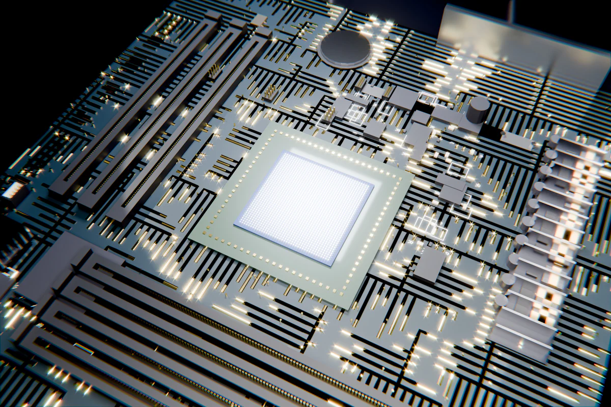 Rendered close-up of a processor die glowing on a circuit board